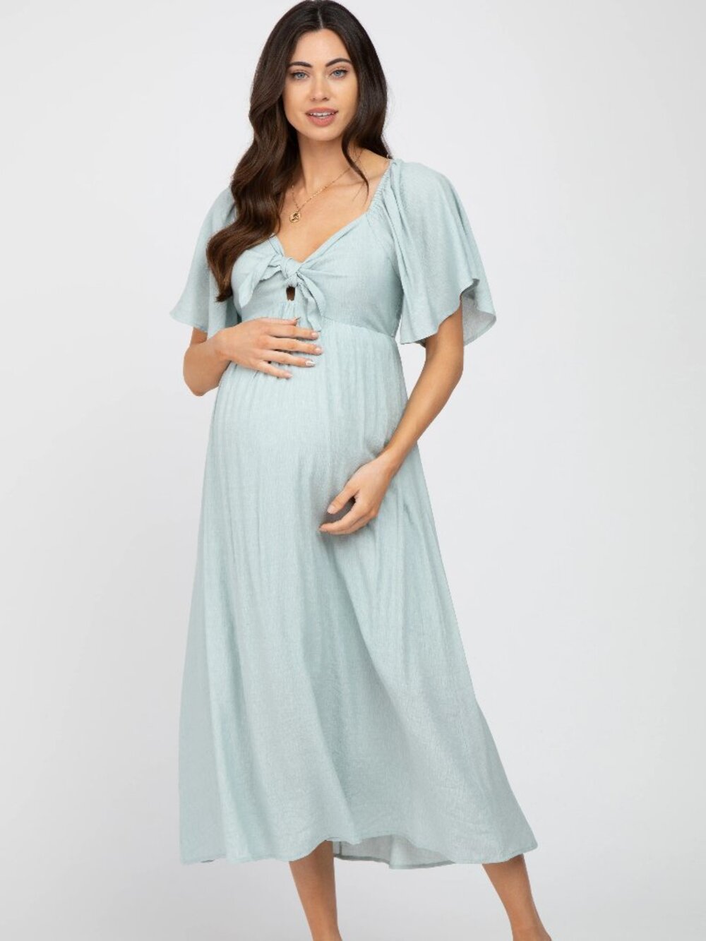 Pink Blush Light Blue Front Tie Ruffle Sleeve Maternity Midi Dress, Size Large